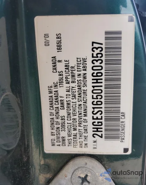 2001 Honda Civic Lx from USA, damaged, VIN 2HGES16501H603537